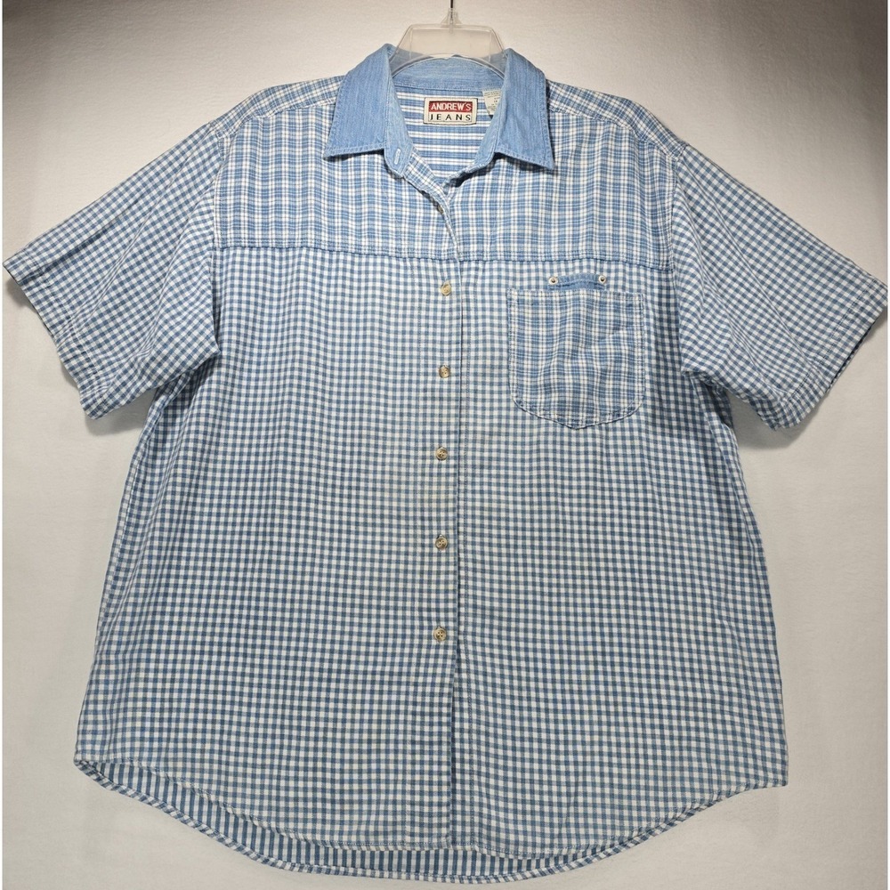 90s Vintage Andrews Jeans Mens 1X Blue Gingham Plaid Short Sleeve ButtonUp Shirt